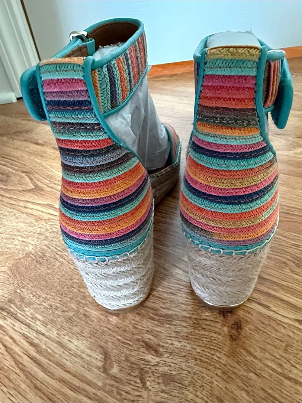 Colorful Striped Ankle-Strap Wedge Sandals - Turquoise Multi